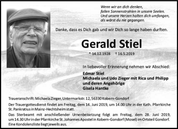 Traueranzeige von Gerald Stiel von vrm-trauer