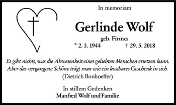 Traueranzeige von Gerlinde Wolf von vrm-trauer
