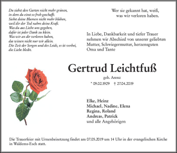 Traueranzeige von Gertrud Leichtfuß von vrm-trauer