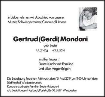 Traueranzeige von Gertrud Mondani von vrm-trauer