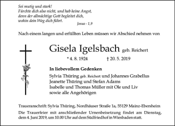 Traueranzeige von Gisela Igelsbach von vrm-trauer