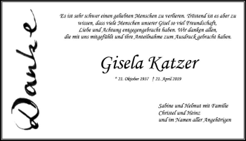 Traueranzeige von Gisela Katzer von vrm-trauer