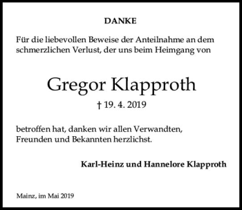 Traueranzeige von Gregor Klapproth von vrm-trauer
