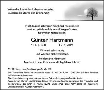 Traueranzeige von Günter Hartmann von vrm-trauer