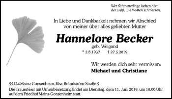 Traueranzeige von Hannelore Becker von vrm-trauer