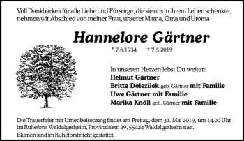 Traueranzeige von Hannelore Gärtner von vrm-trauer