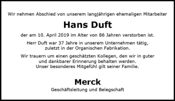 Traueranzeige von Hans Duft von vrm-trauer