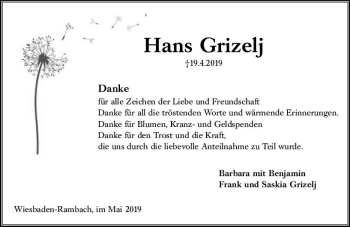 Traueranzeige von Hans Grizelj von vrm-trauer