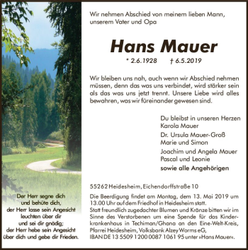 Traueranzeige von Hans Mauer von vrm-trauer