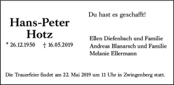 Traueranzeige von Hans-Peter Hotz von vrm-trauer