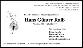 Traueranzeige von Hans Günter Raiß von vrm-trauer