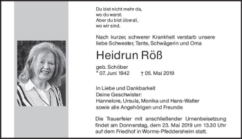 Traueranzeige von Heidrun Röß von vrm-trauer