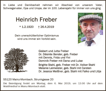 Traueranzeige von Heinrich Freber von vrm-trauer