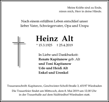Traueranzeige von Heinz Alt von vrm-trauer