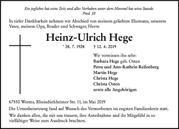 Traueranzeige von Heinz-Ulrich Hege von vrm-trauer