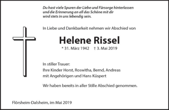 Traueranzeige von Helene Rissel von vrm-trauer