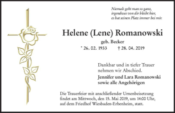 Traueranzeige von Helene Romanowski von vrm-trauer