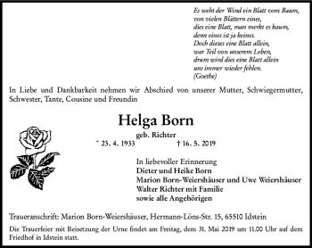 Traueranzeige von Helga Born von vrm-trauer