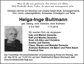 Traueranzeige von Helga Bullmann von vrm-trauer
