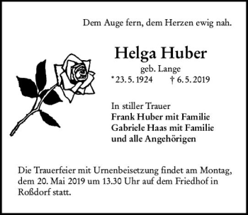 Traueranzeige von Helga Huber von vrm-trauer