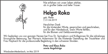 Traueranzeige von Helga Roka von vrm-trauer