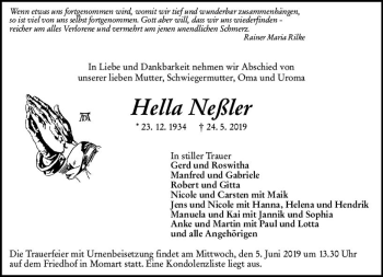 Traueranzeige von Hella Neßler von vrm-trauer