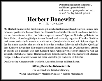 Traueranzeige von Herbert Bonewitz von vrm-trauer