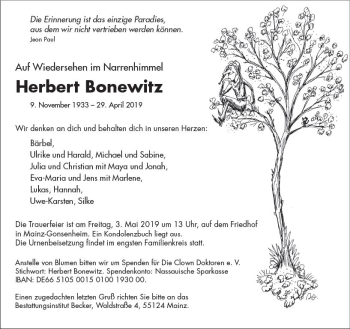 Traueranzeige von Herbert Bonewitz von vrm-trauer