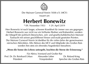 Traueranzeige von Herbert Bonewitz von vrm-trauer