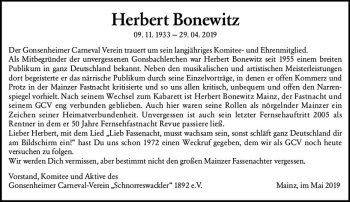 Traueranzeige von Herbert Bonewitz von vrm-trauer