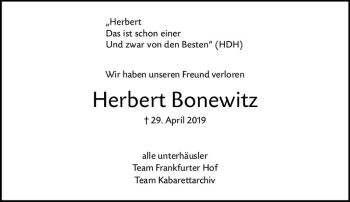 Traueranzeige von Herbert Bonewitz von vrm-trauer