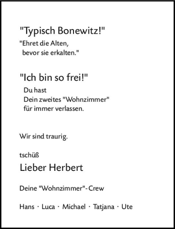 Traueranzeige von Herbert Bonewitz von vrm-trauer