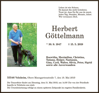 Traueranzeige von Herbert Göttelmann von vrm-trauer