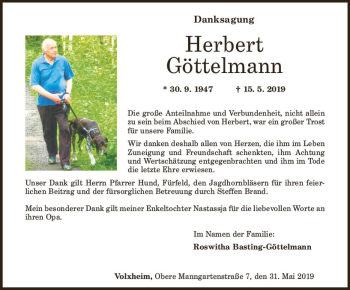 Traueranzeige von Herbert Göttelmann von vrm-trauer