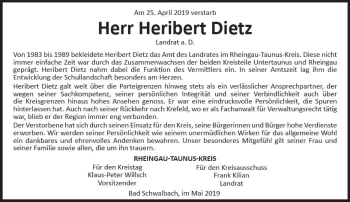 Traueranzeige von Heribert Dietz von vrm-trauer