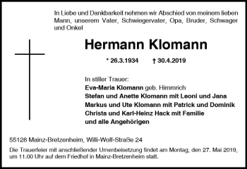 Traueranzeige von Hermann Klomann von vrm-trauer