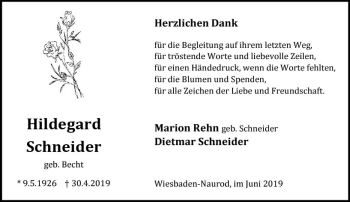 Traueranzeige von Hildegard Schneider von vrm-trauer