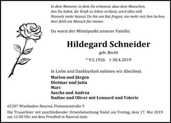 Traueranzeige von Hildegard Schneider von vrm-trauer