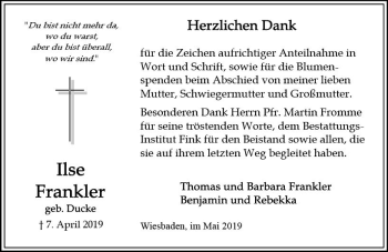 Traueranzeige von Ilse Frankler von vrm-trauer