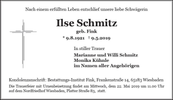Traueranzeige von Ilse Schmitz von vrm-trauer
