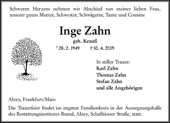 Traueranzeige von Inge Zahn von vrm-trauer