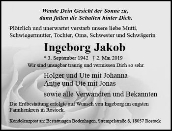 Traueranzeige von Ingeborg Jakob von vrm-trauer