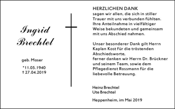 Traueranzeige von Ingrid Brechtel von vrm-trauer