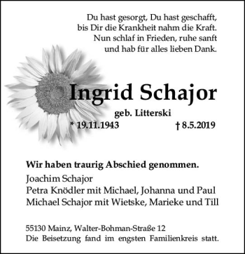 Traueranzeige von Ingrid Schajor von vrm-trauer