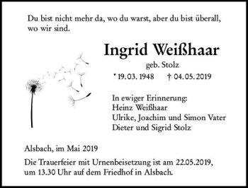 Traueranzeige von Ingrid Weißhaar von vrm-trauer
