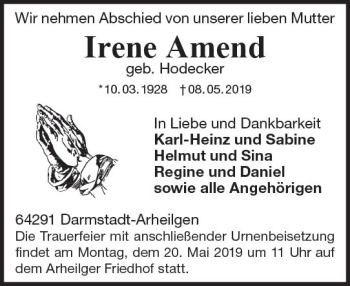 Traueranzeige von Irene Amend von vrm-trauer