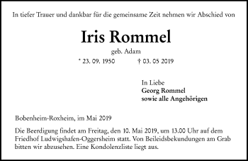 Traueranzeige von Iris Rommel von vrm-trauer