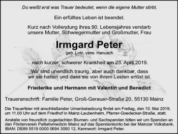 Traueranzeige von Irmgard Peter von vrm-trauer
