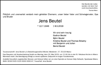 Traueranzeige von Jens Beutel von vrm-trauer