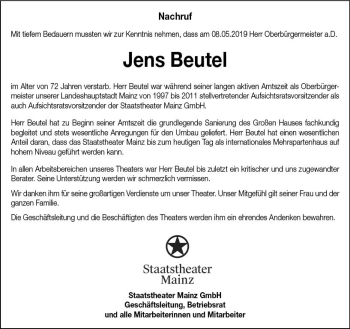 Traueranzeige von Jens Beutel von vrm-trauer